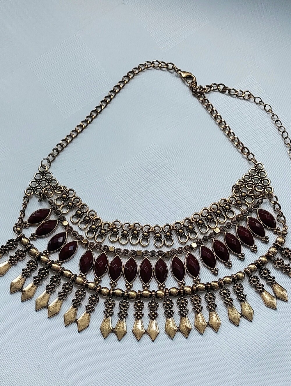 Bohemiam Gold-Tone Statement Necklace W/ Deep Red/BurgandyMarquise Stones NWOT